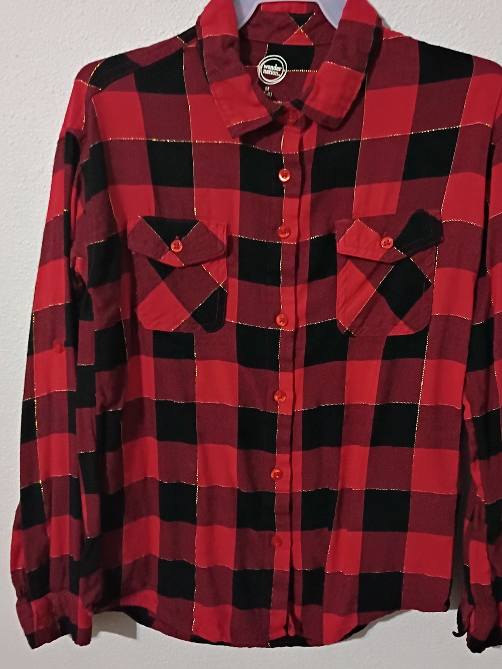 wonder nation Red and Black Plaid Button-Up Shirt with Gold Thread